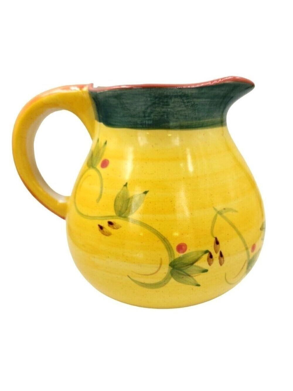 Ceramic Tuscan Style Water Pitcher Yellow Green Red Berries 6 inch with 4 inch o
